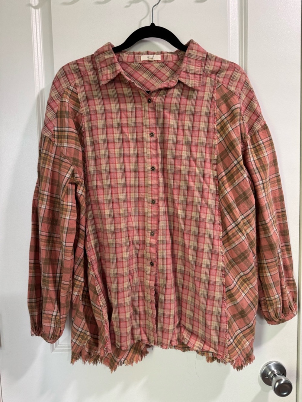 Easel Reach Out Mixed Pieced Plaid Button Up Boutique Blouse Top M